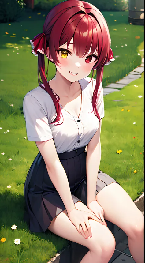 marine houshou, red hair, twintails, heterochromia, (red eyes:1.5), (yellow eyes:1.5), hair ribbon,,a smile、knee sitting、lawn