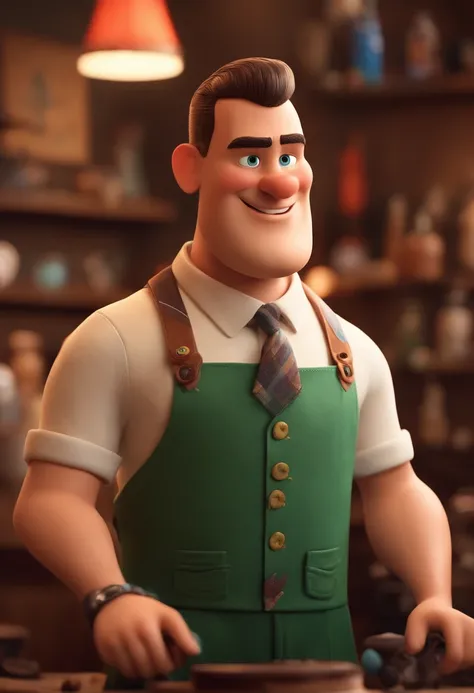 A Dream Barber Inspired by Pixar Animation, de perto. The character takes center stage with captivating facial expressions, oferecendo um toque de irrealidade, Cabelo curto e gordinho gradiente