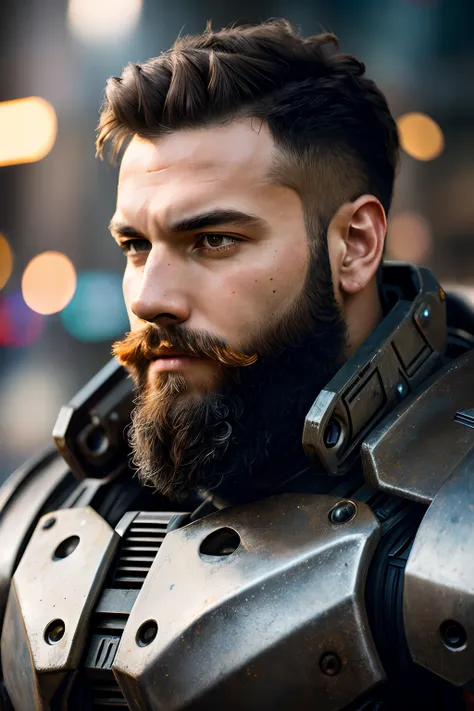 Portrait photo of muscular bearded guy in a worn mech suit, ((light bokeh)), intricate, (steel metal [rust]), elegant, sharp focus, photo by greg rutkowski, soft lighting, vibrant colors, masterpiece, ((streets)), detailed face