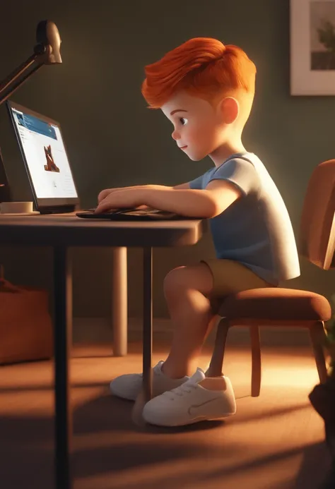 A white 6-year-old boy with short hair is playing Roblox on the computer in the highest Disney Pixar-quality.