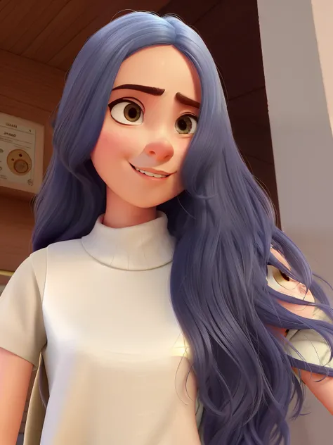 Crie um personagem no estilo pixar, mulher de 18 anos, parda, olhos castanho claros, cabelo castanho escuro e muito longo