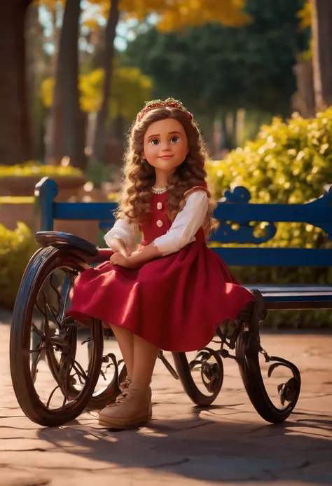 Uma menina com cabelo castanhos liso,branca e olhos castanhos em uma cadeira de rodas cor roxa em um parque Disney pixar