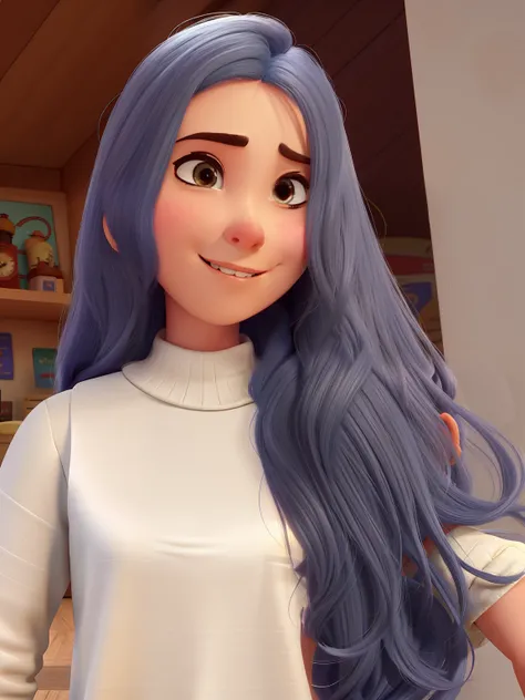 Crie um personagem no estilo pixar, mulher de 18 anos, parda, olhos castanho claros, cabelo castanho escuro e muito longo