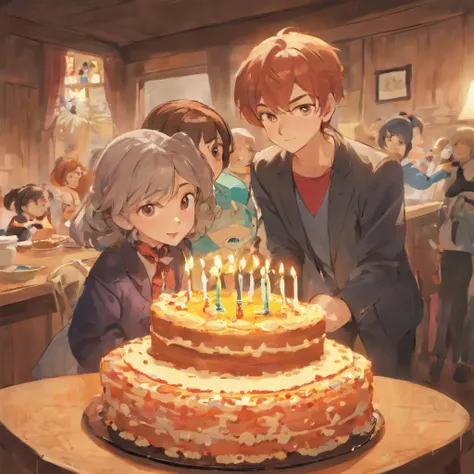 There is a group of people standing behind a table with a cake, celebrating birthday, A young Caucasian man, 2 slightly brunette Caucasian children, A couple of Caucasian grandparents, Happy family, Em casa.
, ::style pixar cartoon