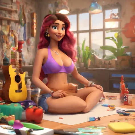 create a 3D movie poster inspired by Disney Pixar, The scene should be in Pixars signature digital art style, com uma imagem caricatural que lembra a cantora brasileira "Anita" in the prone position, Wearing a bikini while a tattoo artist is sitting tattoo...