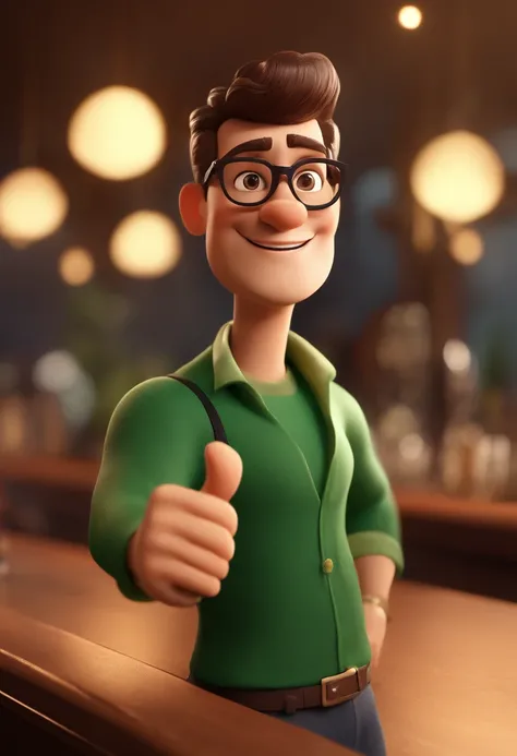 Cartoon character of a brunette man in green cap backwards with round brown glasses and a black shirt at the bar giving thumbs up, animation character, Caractere estilizado, animation style rendering, 3D estilizado, Arnold Maya render, 3 d render stylized,...