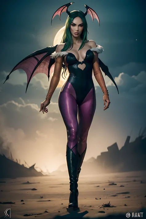Megan Fox em Creative Artistry Print de Morrigan Aensland Personagem do jogo Darkstalkers em estilo hiper realista, with bat wings on the head, ((asas de morcego nas costas)), ((cabelo verde)), cabelo longo, black swimsuit, purple pantyhose, Beige gloves c...