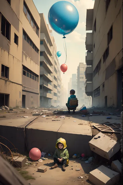 A child sits sadly in the middle of a ruined landscape and has a balloon in his hand. Im Hintergrund Bomber