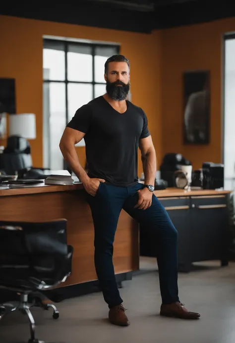 Homem 36 anos, in an office, usando blaser cinza e camiseta preta, pele branca, cabelos escuros e lisos penteados para o lado, olhos castanhos, usa barba, Stands with arms crossed in can for photo