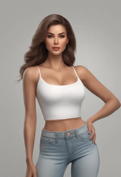 (best quality,ultra-detailed,highres:1.2), realistic, cartoon-style, white female, around 20 years old, straight hair, wearing tight clothes, full-body, beautiful, solid color background, ultra-sharp focus, photo-realistic