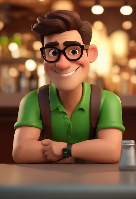 Cartoon character of a brunette man in green cap backwards with round brown glasses and a black shirt at the bar giving thumbs up, animation character, Caractere estilizado, animation style rendering, 3D estilizado, Arnold Maya render, 3 d render stylized,...