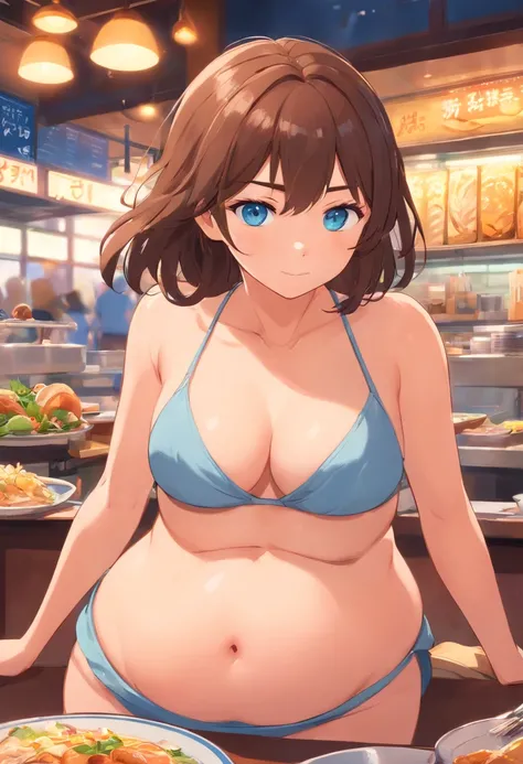 big belly, round, soft, masterpiece, realistic, big belly, soft, brunette, long hair, blue eyes, freckles, restaurant, eating, big thighs, big butt