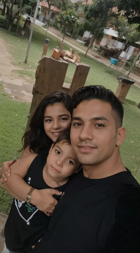 casal com seu filho no meio em um  lindo jardim