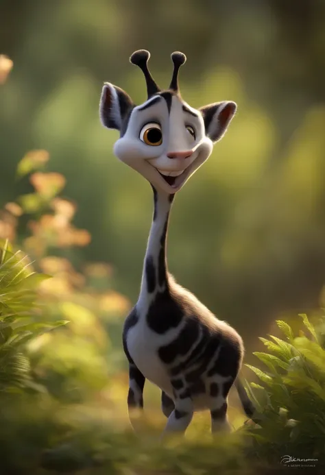 Imagem de uma chorrinha vira lata, corpo preto com barriga, neck and a white spot in the middle of the face, brincando com uma girafinha pequena de aparelhos,  for a story in a YouTube video in Pixar format, Hes the little allabester, Hes the class leader,...