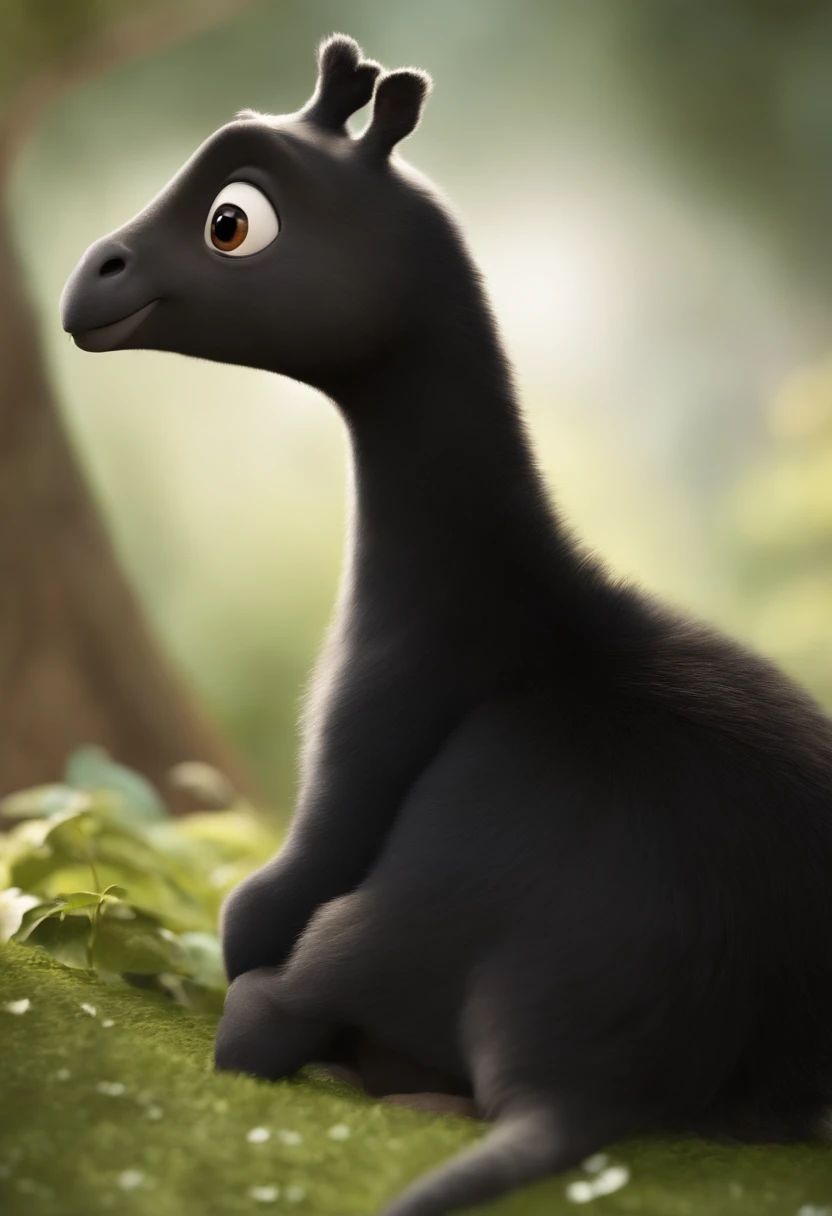 Imagem de uma chorrinha vira lata, corpo preto com barriga, neck and a white spot in the middle of the face, brincando com uma girafinha pequena de aparelhos,  for a story in a YouTube video in Pixar format, Hes the little allabester, Hes the class leader,...