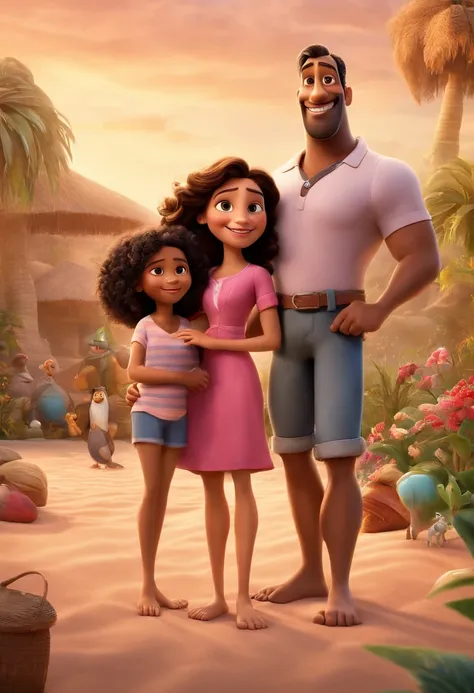 a Disney Pixar movie poster showing a family. The father is Arab, o mais alto, Tem barba curta, Branco, cabelos curtos e liso. The mother is Brazilian, tem olhos e cabelos pretos, pele morena, shoulder-length and is slightly overweight. A menina tem 6 anos...