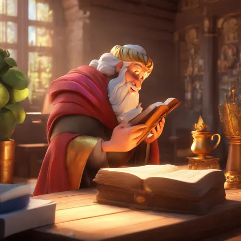 Create a Disney Pixar-inspired poster with the character being King Solomon the wise, Um homem jovem de cabelos grisalhos , in a sanctuary with a Bible on the table