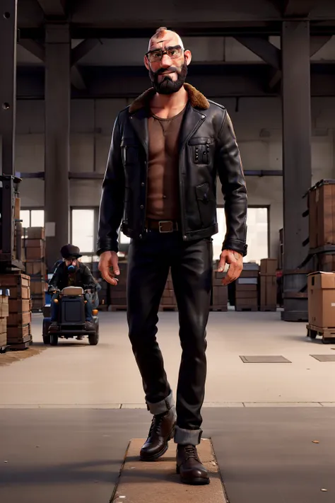 masterful piece, best quality, a man with a black beard and bald head, wearing a leather jacket and black jeans, next to his forklift