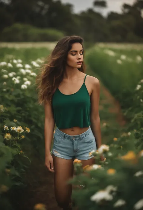 (master part, Qualidade Superior), Uma menina com longos cabelos brancos sentada em um campo de plantas verdes e flores, luar quente, blurry foreground, Loli, margem do rio, bons shorts, olhos estranhos