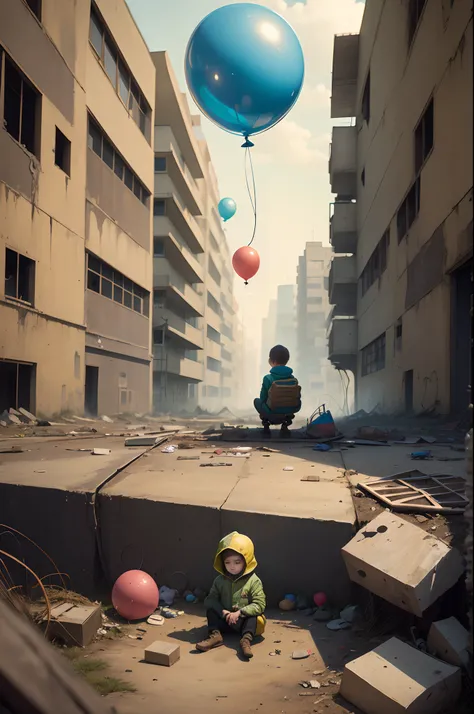 A child sits sadly in the middle of a ruined landscape and has a balloon in his hand. Im Hintergrund Bomber