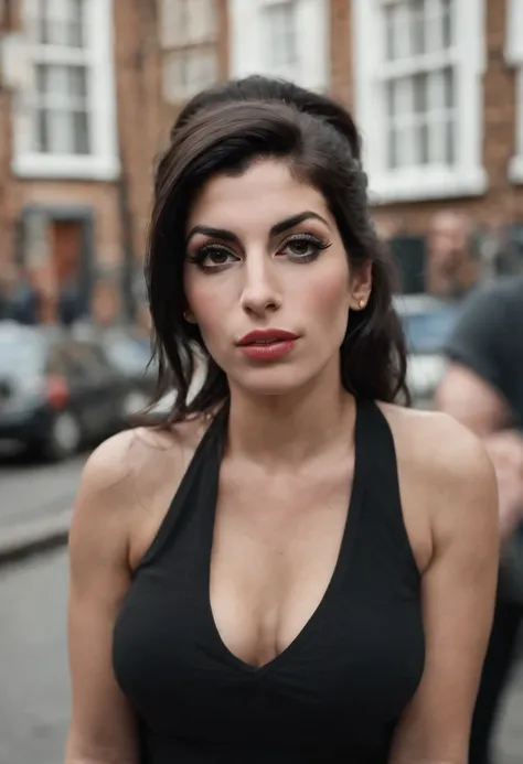 amy winehouse wearing plain basic black t-shirt the entire trunk appears in candem town enviroment background, facing the camera lens, Conceptual art, depth of field, anatomically correct, masterpiece, high quality, high details, best quality