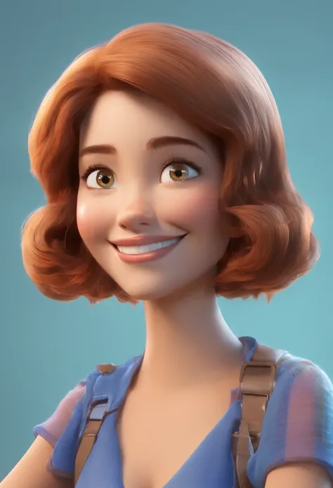 Um poster estilo Pixar de uma senhora sorridente de cabelos castanhos e olhos azuis