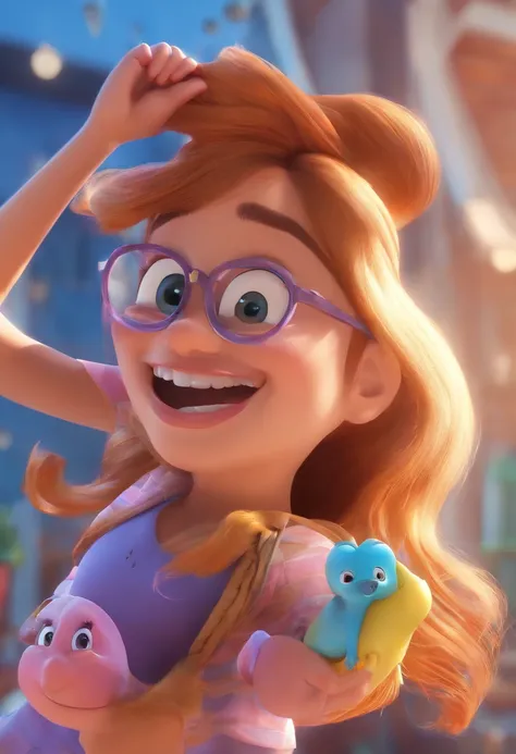 Um poster estilo Pixar de uma senhora sorridente de cabelos castanhos e olhos azuis