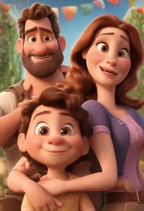 a Disney Pixar movie poster showing a white-skinned family. The father is the tallest, Tem barba curta, loiro, cabelos curtos e espinhosos. The mother has brown eyes and hair, shoulder-length and is slightly overweight. A menina tem 4 anos e cabelos castan...