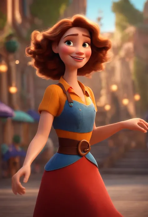 Pixar style image with 3D character brunette woman medium blonde hair dancing, Maquiagem Disney,Pescador, bonitinho, sorridente ,Close-up, Pixar, Disney, Cinema lighting,