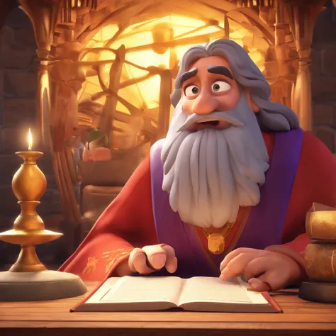 Create a Disney Pixar-inspired poster with the character being King Solomon, The Sage, Um homem jovem de cabelos grisalhos , in a sanctuary with a Bible on the table, estudando bem concetrado, With a spiritual enlightenment all around you