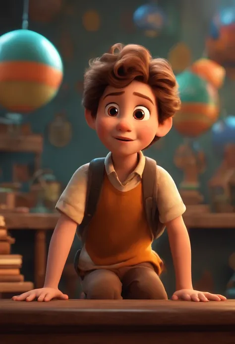 Image of a child for a story in a YouTube video in Pixar format, Its the little allabester, Hes the leader of the class, Es extrovertido, Playful and gets up for many things