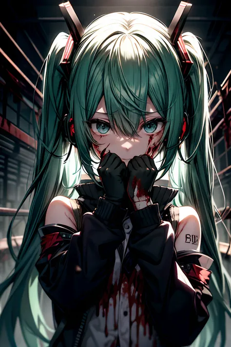 Green hair、miku hatsune、dead body、Blood everywhere、blood splashing、dark hue、Red hue、