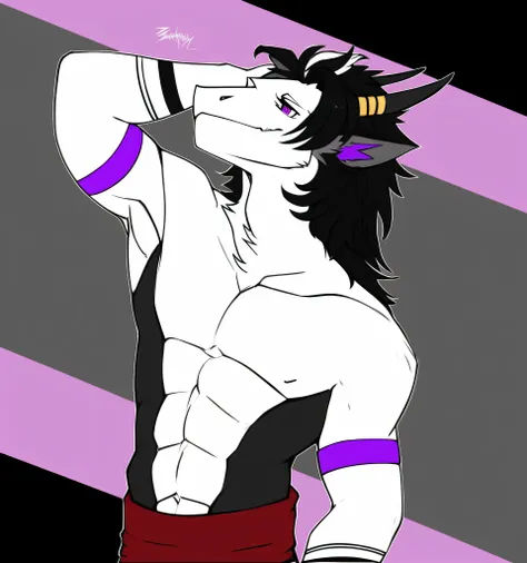 por zackary911, zackary911, sergal, anthro, macho, musculoso, preto e branco, olhos roxo e sinistros