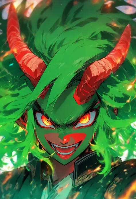 anime girl with green hair and horns and red eyes, a character portrait by Puru, pixiv, mingei, demon slayer rui fanart, in an anime style, anime moe artstyle, [[[[grinning evily]]]], shirabii, anime monster girl, anime style portrait, in anime style, mika...