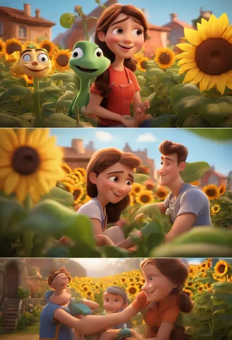 Create a Disney PIXAR-style 3D poster. ((centro da imagem, Triplets)), ((3 children)) ((1 menino no meio e 2 meninas ao lado, Theyre hugging each other, O menino tem pele castanha e cabelos castanhos escuros e olhos castanhos escuros, 1 menina tem pele cla...