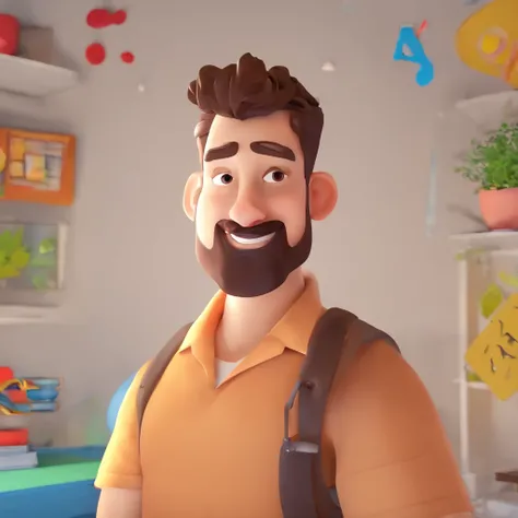 Criar um personagem no estilo Pixar. Trata-se de um homem de 30 anos, com barba, Branco, com cabelos castanhos curtos e um quiff, e olhos castanhos. Ele deve estar na frente de um computador, Trabalhar como designer