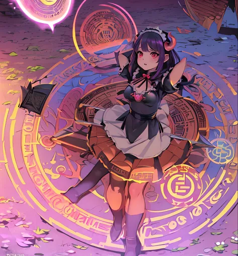 masutepiece, ultra-quality,(Full body),(Dynamic Pose:1.6),(Demon King Girl in Maid Outfit A girl opens a magic book、Discover magic circles scattered on the ground:1.7),(dynamic view:1.6),(magic circles:1.5),（maid clothes）、a miniskirt、（（Cat ear headband））、（...