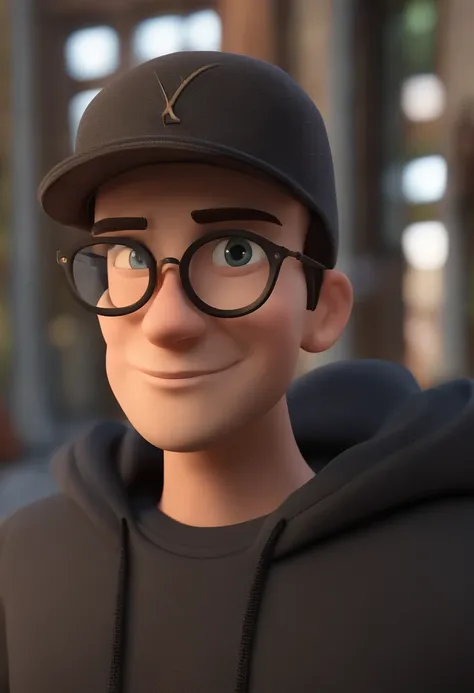 Cartoon character of a young man with round glasses and a black sweatshirt, 
with cap back, e barba preta, animation character, Caractere estilizado, animation style rendering, 3D estilizado, Arnold Maya render, 3 d render stylized, toon render keyshot, Pe...