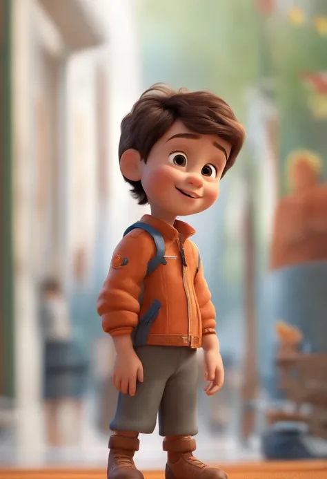 a happy cute kid standing short hair, vestindo uma fantasia espacial, , fundo branco, barnet, tom, Estilo Pixar, ..3d, desenhos animados, rosto detalhado, asymmetrical 16k