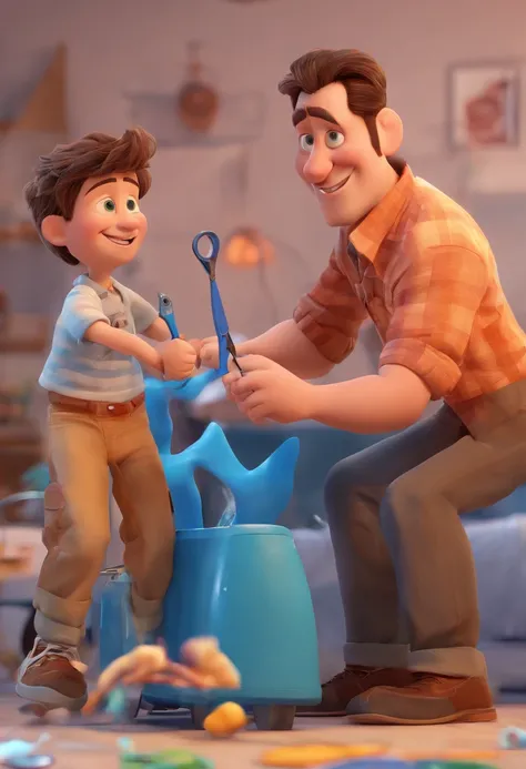 Estilo Pixar: The grown man is holding a naked blue-eyed boy and in his other hand he is holding a pair of scissors and is trying to cut off the boys testicles,3D Poster,Disney