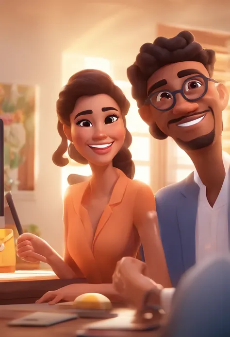 An illustration of an adorable couple, Highlight for a chubby mulatto man with glasses smiling and a brunette woman with beautiful expressive eyes - the mans skin is mulatto and the mans hair haswhile the womans skin is black and the womans hair is straigh...