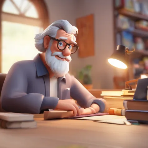 Crie um cartaz inspirado na Disney Pixar com o personagem sendo , A gray-haired young man wearing glasses, rosto quadrado com barba, In an office with a book on the desk