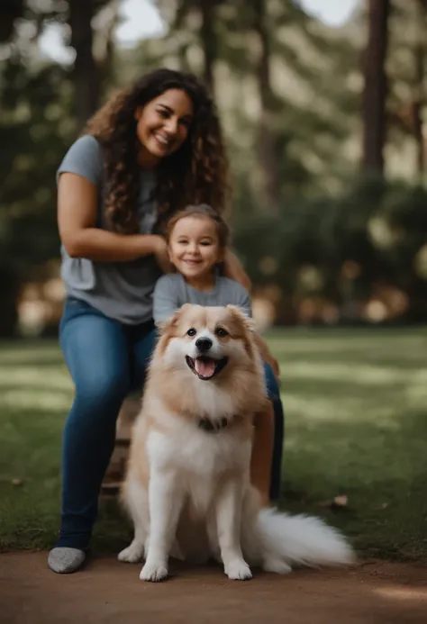 Pixar. Casal com um filhote de cachorro SPITZ. A menina tem os cabelos pretos, Camiseta cinza e jeans claro. O menino de cabelos pretos, barba pequena, Dark blue jeans and gray t-shirt. They are both smiling and are 30 years old