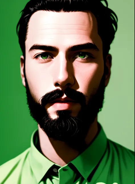 The unusual aspect of this image is that it is a black and white photograph of a man with a shaved head and a beard. The man is looking directly into the camera, and the image is taken in a green-tinted room. The black and white nature of the photo, along ...