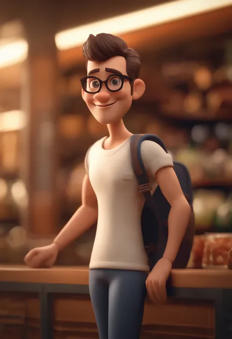 Cartoon character of a man with iron frame glasses and a white t-shirt, animation character, em um supermercado, 32 anos, olhando para a camera 8k, rosto liso Caractere estilizado, animation style rendering, 3D estilizado,  3 d render stylized, toon render...