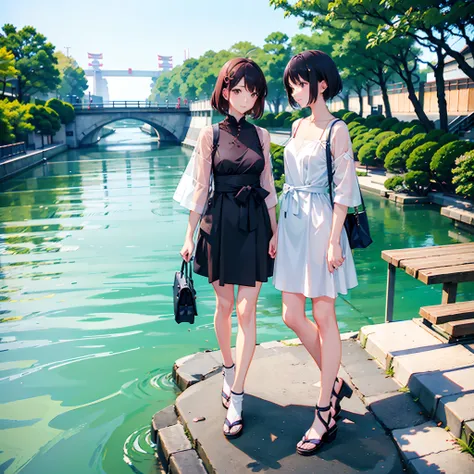 Two Japan women taking photos in a park on the Sumida River in Japan、She was a 27-year-old woman with loose, fluffy short hair and small breasts、One is a 31-year-old woman with small breasts and a dark brown lob...The two are having fun、small tits、Small、di...