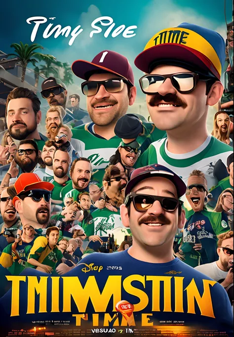 Poster 3D inspirado na Pixar/Disney capturando uma cena de um homem de 35 anos, cabelo preto, com barba pequena, com a camiseta do time palmeiras, wearing a cap and sunglasses, sentado em um bar tomando cerveja.