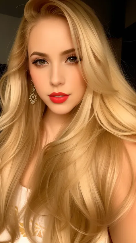 blonde woman with long hair and bright red lips posing for a photo, longos cabelos loiros e olhos grandes, com longos cabelos lo...