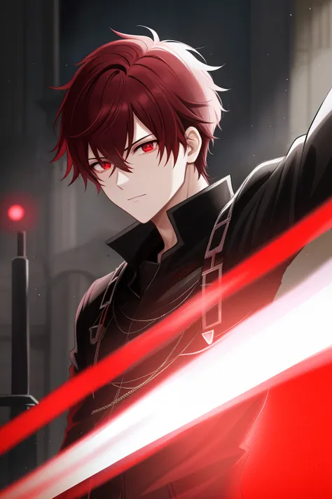 (best quality,Highres),red and dark-haired anime men,totally black eyes just a withe glowing dot in the center of the eye,sniper,attire,anime style,sharp focus,vivid colors,detailed clothing, intense expressions, medieval castle background, dramatic lighti...