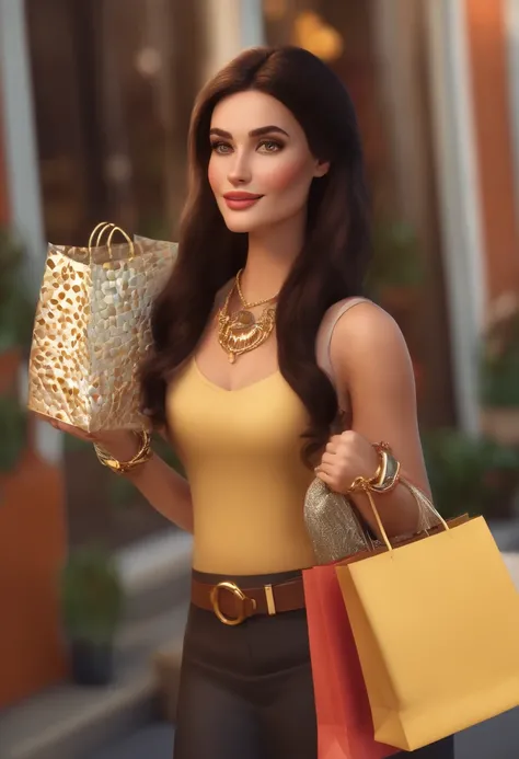 30 year old woman, rounded face, fair skin, large rounded nose, large teeth, long dark brown hair, black eyes, large mouth, slight dark circles, gold and silver necklace and bracelets, holding shopping bags from the brand "LOVESELLEN" style cartoon pixar,